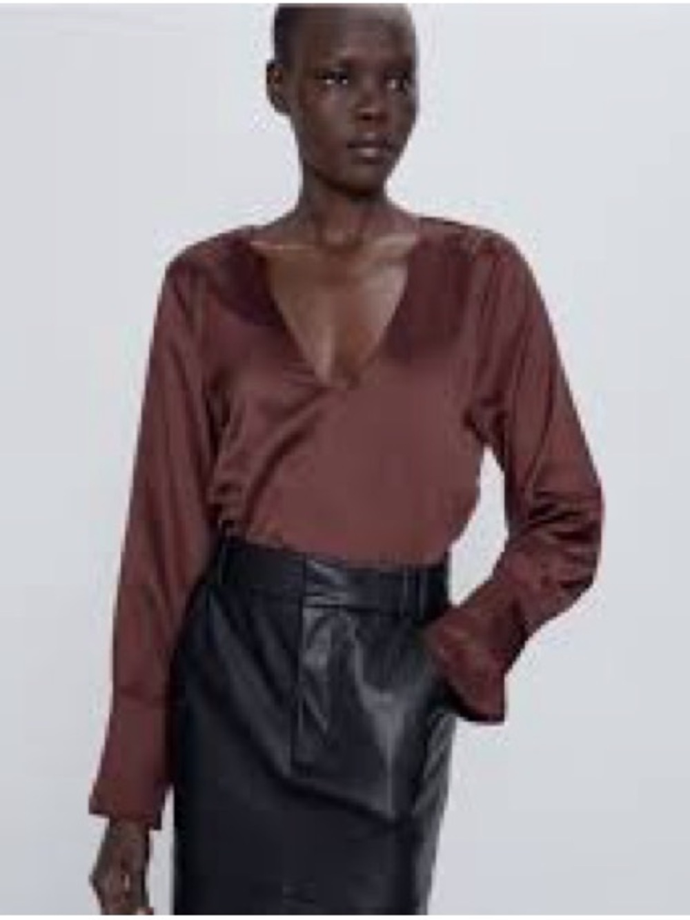 Zara Satin V-Neck Long Sleeve Top in Deep Brown EUC